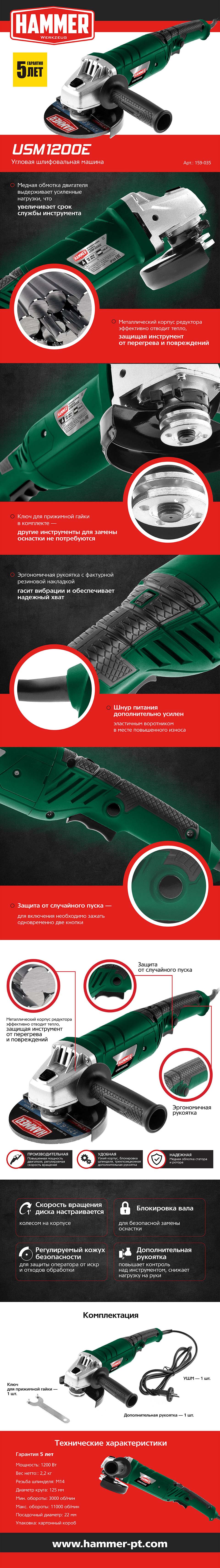 Углошлифовальная машина hammer usm1200e
